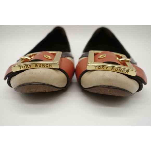 Tory Burch Logo Beige Orange Leather Buckle Toe Slip On Flats Shoes Women's 6 M - Picture 5 of 11